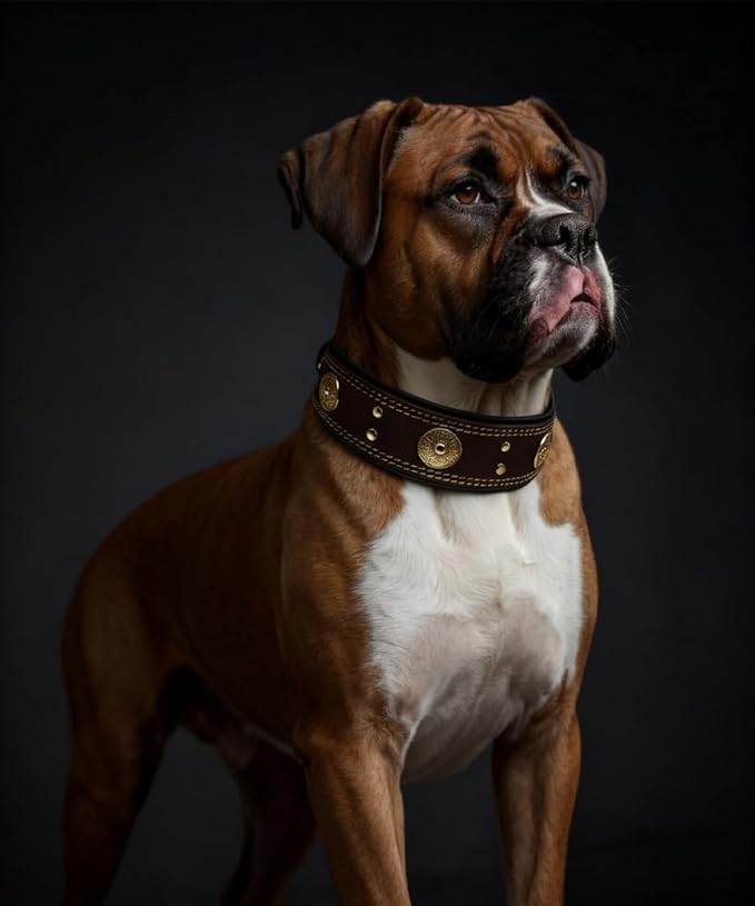 Leather Dog Collar, 2 inches Wide Heavy Duty Genuine Leather Collars, Handmade, Soft, and Luxury, Eye-catching Best Choice for Large and Medium Breed Dogs Brown-Gold, 21-25 inches