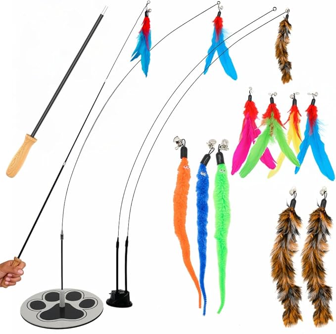 GADGETSOLOGY Cat Wand Toy Cat Fishing Pole Toy Cats Feather Toys Suction Cup for Indoor Cats Teaser Wand Feather Attachments Multisurface Base