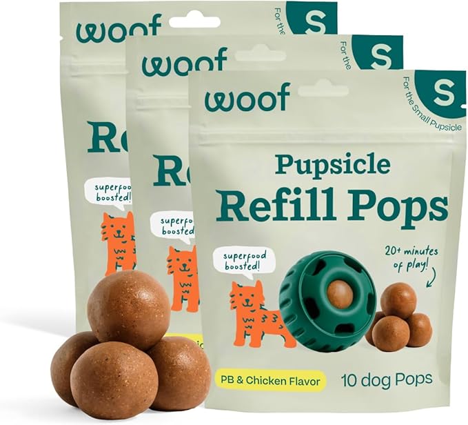 WOOF Pupsicle Refill Pops, Delicious Long Lasting Dog Treats, Pre-Made Pupsicle Refills for Dogs, Wholesome Ingredients, Low-Mess Chicken Pet Treats - Small Pops - 10 Count - 3 Pack