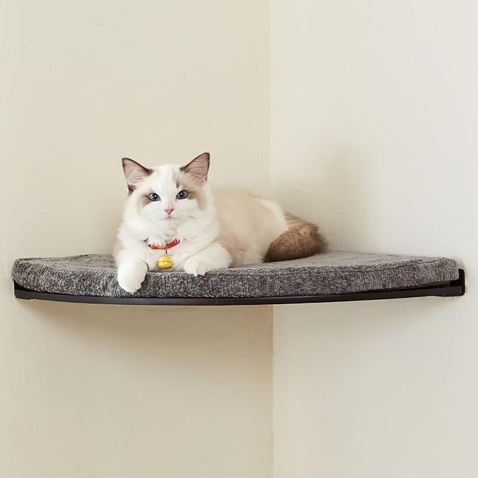 LIORCE Wall Mounted Corner Cat Bed - Cat Shelf with Comfortable Cushion - Minimalistic Cats Furniture for Indoor Cats - Climbing Perch for Wall, Walnut