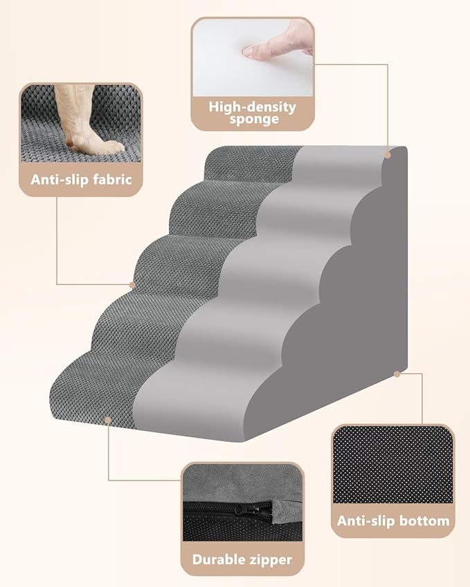 Aodisman Dog Stairs for High Bed,5 Step Dog Ramp for Small and Medium Dogs,Pet Stairs with Non-Slip Bottom for Puppy, Older Cat,Indoor Pet Steps,Comfort,Durable,22.4" H,Grey