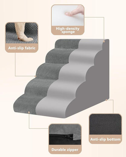 Aodisman Dog Stairs for High Bed,5 Step Dog Ramp for Small and Medium Dogs,Pet Stairs with Non-Slip Bottom for Puppy, Older Cat,Indoor Pet Steps,Comfort,Durable,22.4" H,Grey