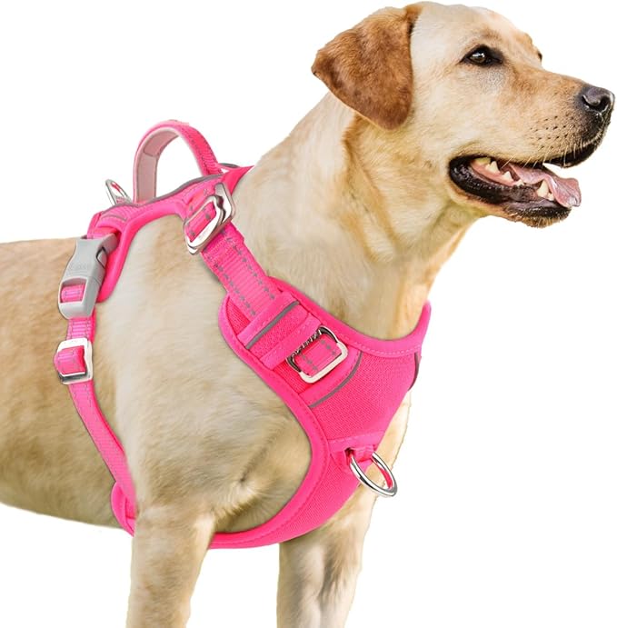 BARKBAY No Pull Dog Harness 3 Buckles Large Reflective Dog Harness with Front Clip and Easy Control Handle for Walking Training Running with ID tag Pocket(Pink,XL)