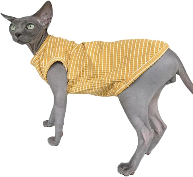 Sphynx Cat Clothes Vest for Hairless Cat, Rib Knit Stripe Cats T-Shirt Apparel, Kitten Summer Cotton Shirts Sleeveless for Cornish Rex, Devon Rex, Peterbald (Ginger, M (5.5-7.2 lbs))