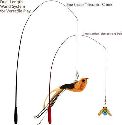 miwoowim Interactive Cat Wand Toy Set – 2 Retractable Wands (38" & 50") with 11 Refills Attachments – Feather Toys, Plush Bird, Worms, Insect & Swallow – Cat Teaser Toys for Indoor Cats & Kittens