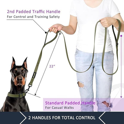Plutus Pet Double Handle Dog Leash 5ft, Heavy Duty, Reflective Dual Handle Dog Leash for Safety Training, for Medium Large Dogs,2 Handle Leads, Ranger Green