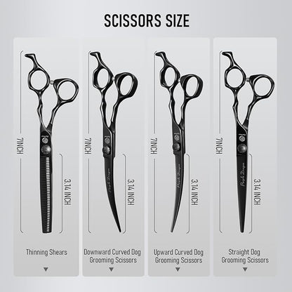 Purple Dragon Dog Grooming Scissors Set - Thinning, Straight, Up & Down Curved Scissors and Comb, 7 Inch Black Shears with Adjustable Screw for Dogs and Cats