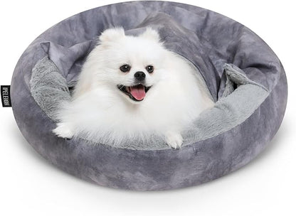 Cozy Soft Dog Bed with Hooded Blanket Warm Calming Cat Cave for Small Medium Dogs and Cats, Non-Slip Bottom & Machine Washable Pet Beds, Grey 23x23x6″