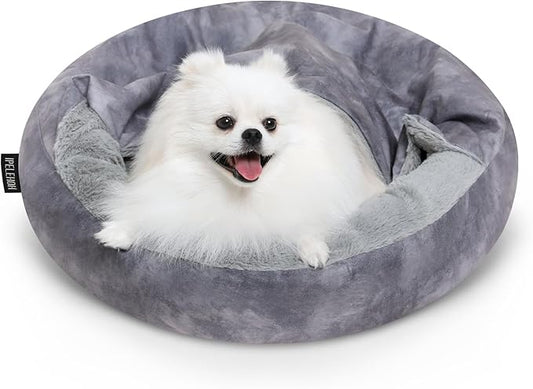 Cozy Soft Dog Bed with Hooded Blanket Warm Calming Cat Cave for Small Medium Dogs and Cats, Non-Slip Bottom & Machine Washable Pet Beds, Grey 23x23x6″