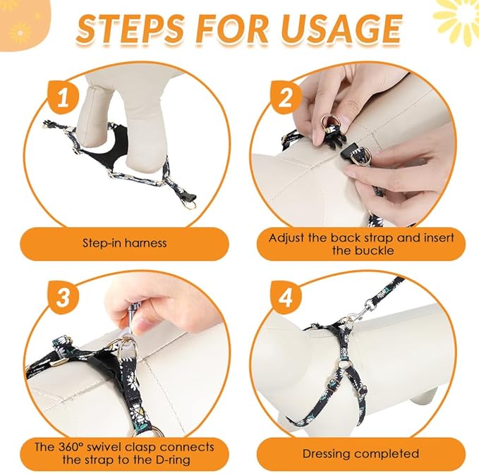 SlowTon No Pull Dog Harness with Leash - Soft Lightweight Floral Pattern Puppy Harness, Adjustable Pet Harness for Small Medium Dogs (Black Daisy M)