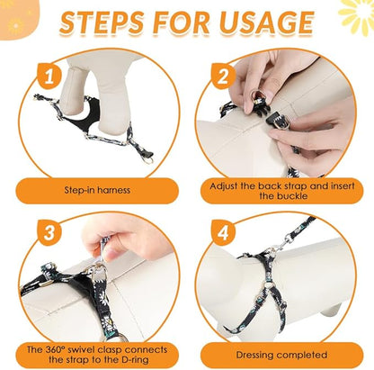 SlowTon No Pull Dog Harness with Leash - Soft Lightweight Floral Pattern Puppy Harness, Adjustable Pet Harness for Small Medium Dogs (Black Daisy XS)