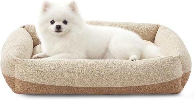 FURTIME Washable Small Dog Bed, Rectangle Comfy Fluffy Kitten Puppy Bed, Removable Zipper Cover Machine Wash, Soft Breathable Orthopedic Bed Durable Pet Cuddler with Anti-Slip Bottom, 20"x19"x6",Beige