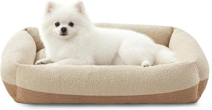 FURTIME Washable Small Dog Bed, Rectangle Comfy Fluffy Kitten Puppy Bed, Removable Zipper Cover Machine Wash, Soft Breathable Orthopedic Bed Durable Pet Cuddler with Anti-Slip Bottom, 20"x19"x6",Beige