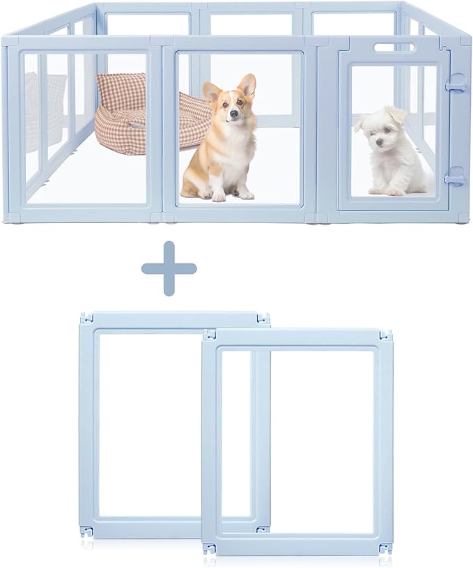 LoveTail DIY Clear Acrylic Dog Playpen House,Quick Easy Assembly and Disassembly,Strong Floor Suction,Indoor and Outdoor Use,Easy Cleansing Puppy Fence (Sky Blue, 23.6" H, 2PCS)