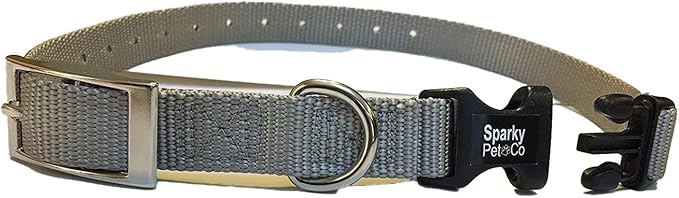 Sparky Pet Co - ECollar Replacement Strap - Easy Release Double Buckle Dog Collar - Rugged Nylon - Adjustable - D Ring - Quick Release Metal Clasp - for Invisible Fence Systems - 1" x 28"- Grey