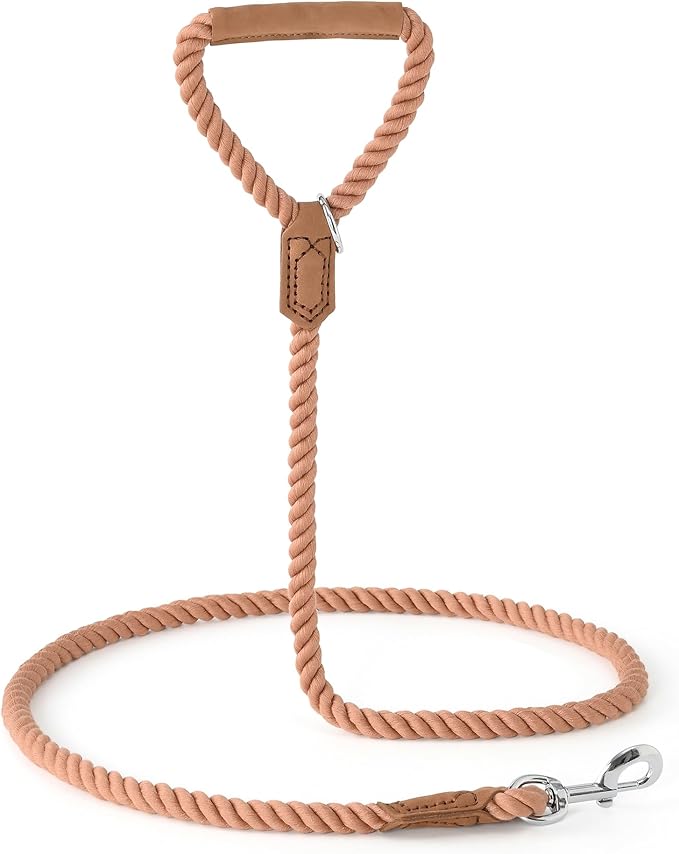Mile High Life Dog Leash, Braided Cotton Rope Leashes with Leather Handle - Heavy Duty Metal Clasp, 6FT, 1/2" Thick - Wedding, Walking & Training Leash for Small Medium Large Dogs (Mocha Mousse)