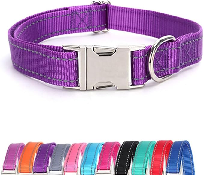 Reflective Dog Collar and Leash Set with Metal Buckle, Soft Sturdy Nylon Dog Collars with Quick Release Buckle, Adjustable Pet Collars with with ID Tag Ring for Small Medium Large Dogs