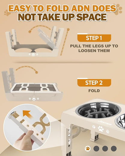 Elevated Dog Bowls, Dog Feeder with 1*Stainless Steel Dishes & 1*Slow Feeder Bowl, 5 Heights Adjustable Raised Stand for Medium Large, Food Dishes with Non-Slip Feet