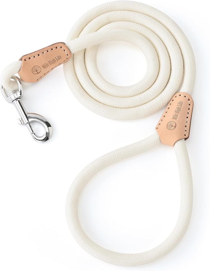 Mile High Life Dog Leash, Rope Leash with Genuine Leather Connection and Heavy Duty Metal Clasp, Great for Small Medium Large Dogs(Cream White,72 Inch)