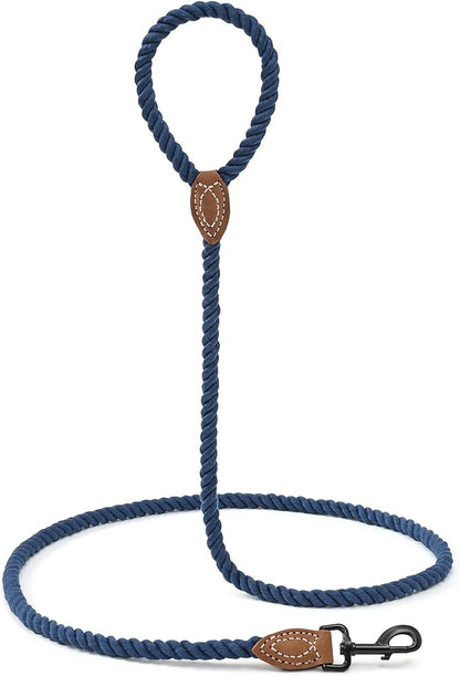 Mile High Life Dog Leash, Braided Cotton Rope Leashes with Leather Tailor Tip with Leather Tip - Heavy Duty Metal Clasp, 5FT, 1/2" Thick - Wedding, Walking Leash for Medium Large Dogs(Navy)