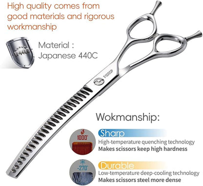 Curved Thinning Shears for Dogs Grooming 7.5'' Downward Curved Chunker Dog Grooming Scissors for Medium Large Dog 75% Thinning Rate (7.5 In, Chunker)