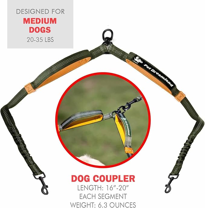 Pet Dreamland Exquisite Double Dog Leash Coupler with Tangle-Free Swivel. Premium & Versatile Attachment for Walking Two Dogs. You Will Absolutely Love This Amazing Dual Dog Coupler (Khaki & Orange)