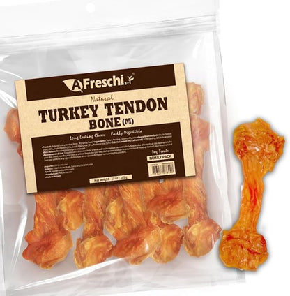 A Freschi srl Turkey Tendon of Dog Bones Shape, USA-Sourced, Limited-Ingredient, Rawhide-Free, Long-Lasting, All-Natural Dog Treats for Medium Dogs, 10 oz Pack (M)