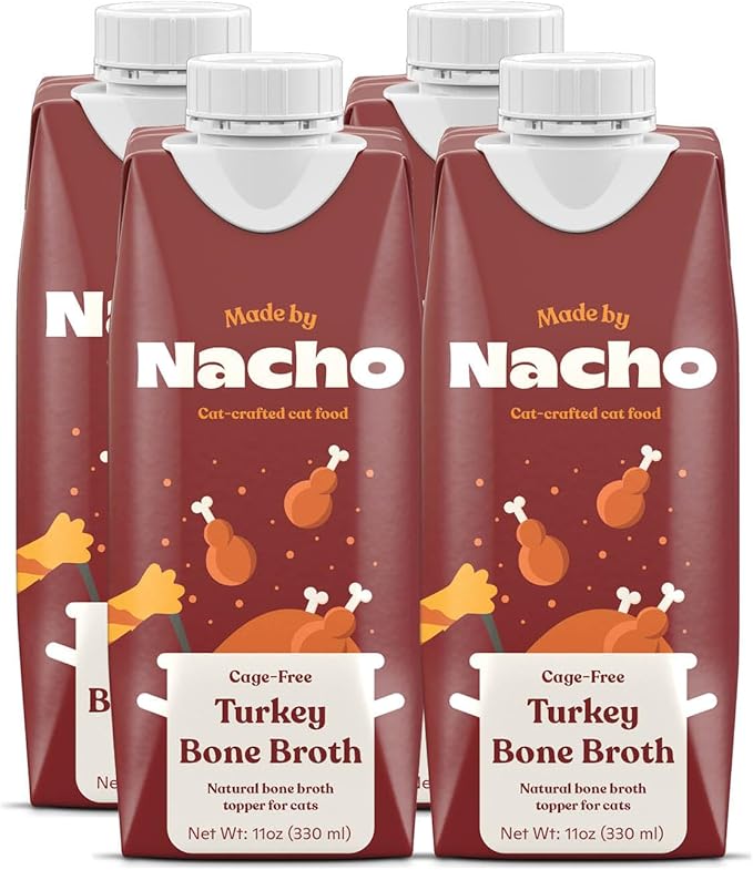 Made by Nacho Bone Broth Cat Food Topper for Hydration and Picky Eaters - Add Protein and Flavor to Your Dry Cat Food – Supports Optimal Nutrition, Digestion, Skin & Coat 11 oz. (Pack of 4), Turkey