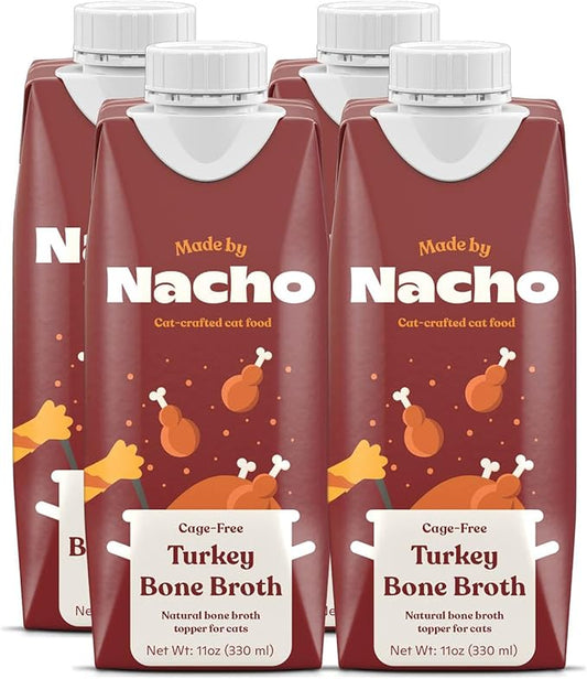 Made by Nacho Bone Broth Cat Food Topper for Hydration and Picky Eaters - Add Protein and Flavor to Your Dry Cat Food – Supports Optimal Nutrition, Digestion, Skin & Coat 11 oz. (Pack of 4), Turkey