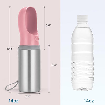 Portable Dog Water Bottle, 14 OZ, Stainless Steel Leak Proof Puppy Water Dispenser with Drinking Feeder for Pets Travel, Walking, Hiking and Outdoor Activities