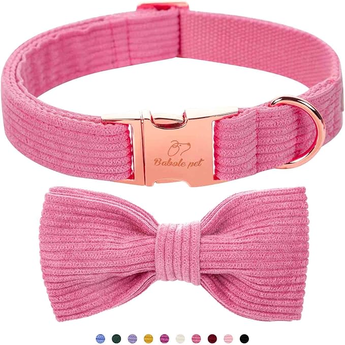 Hot Pink Dog Collars for Medium Dog,Cute Corduroy Dog Collar with Bow Tie Safety Metal Buckle Adjustable Puppy Collars for Small Medium Large Boy&Girl Dogs