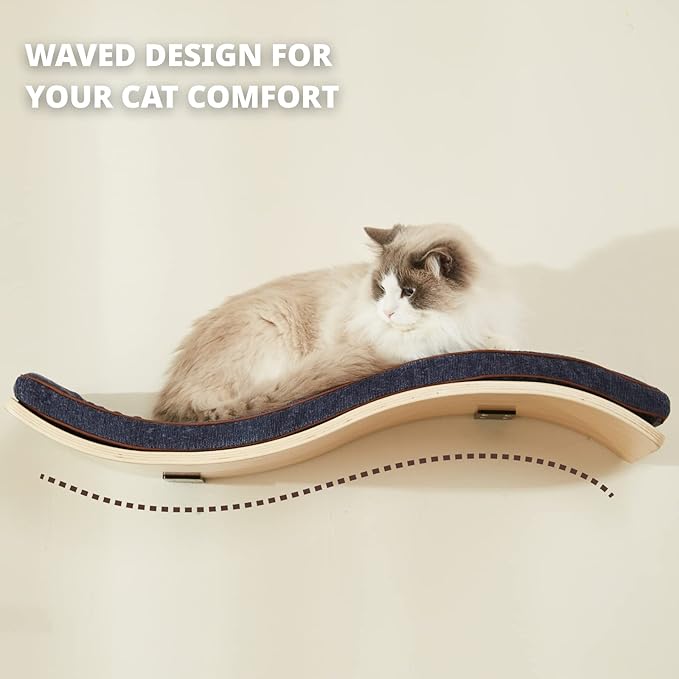 LIORCE Cat Shelf with Comfortable Cushion - Wave Modern Cat Bed - Minimalistic Floating Cats Wall Perch - Wooden Wall Mounted Cats Furniture for Sleeping, Playing, Climbing, and Lounging