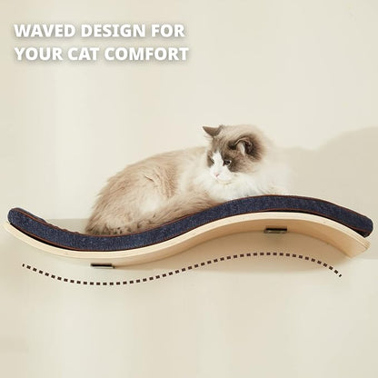 LIORCE Cat Shelf with Comfortable Cushion - Wave Modern Cat Bed - Minimalistic Floating Cats Wall Perch - Wooden Wall Mounted Cats Furniture for Sleeping, Playing, Climbing, and Lounging