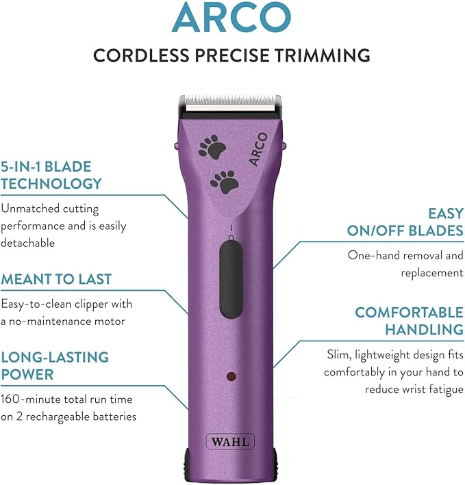 Wahl Professional Animal Arco Pet, Dog, Cat, and Horse Cordless Clipper Kit, Purple (8786-1001)