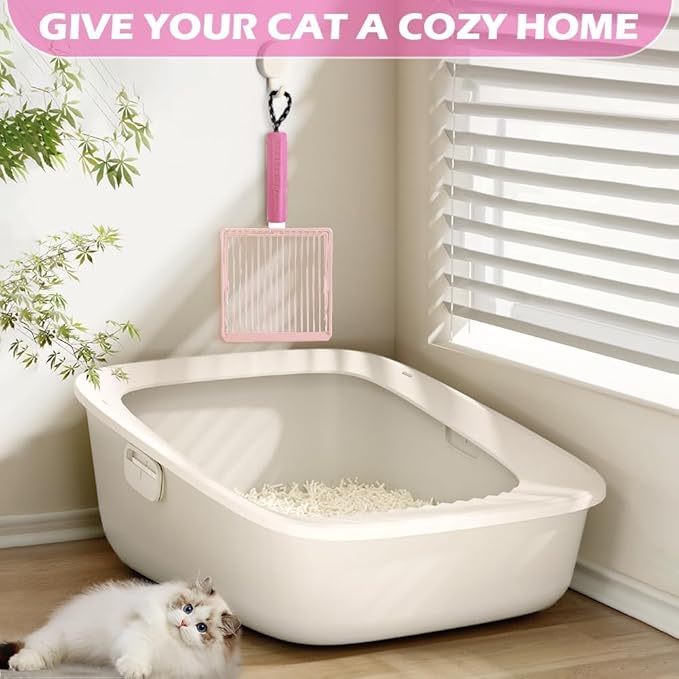 Apidgrowth Cat Litter Scoop, 2-in-1 Detachable Ergonomic Handle, Metal, Bar Grid Shape with Suspendable Cord (Pink)