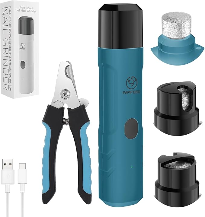 PAPIFFEED Dog Nail Clippers & Grinder with Manual Nail Clipper – Quiet 3-Speed Electric Dog Nail Trimmers with Dual LED, Rechargeable Pet Nail File for Dogs & Cats (Blue)