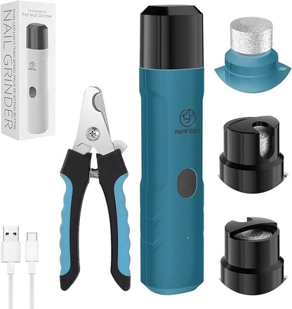 PAPIFFEED Dog Nail Clippers & Grinder with Manual Nail Clipper – Quiet 3-Speed Electric Dog Nail Trimmers with Dual LED, Rechargeable Pet Nail File for Dogs & Cats (Blue)