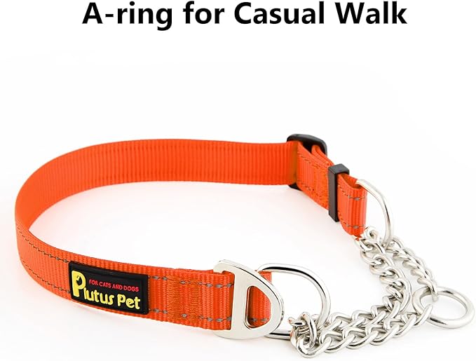 Plutus Pet Martingale Dog Collar with Stainless Steel Chain and Reflective Nylon, Adjustable No Pull Training Collar, for Small Medium, and Large Dogs, Orange, L