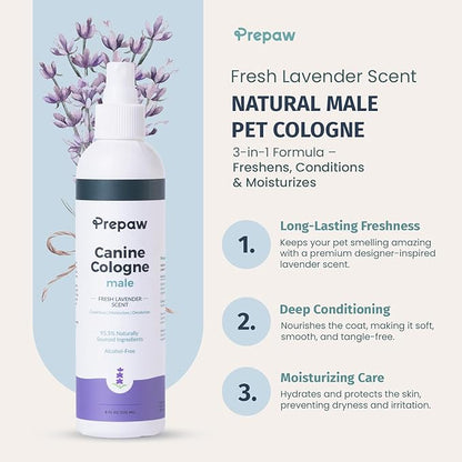 Prepaw Luxury Male Pet Cologne - Fresh Lavender Scent, 3-in-1 Formula Conditions & Moisturizes, Made with 94% Natural Ingredients, Long Lasting Fragrance, Safe & Easy to Use | 8 fl oz