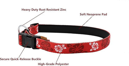 Dog Collar, Cute Floral Pattern, Neoprene Padded and Adjustable Collar with Quick Release Buckle, Reinforced Structure (L (Neck 18-28", Width 1"), Hawaiian Red)
