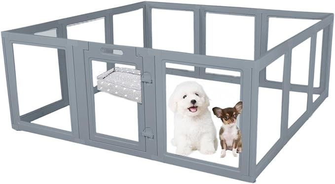 Everfront Clear Dog Play Pen - Easy Assemble Durable Plastic Acrylic Dog Playpen - Dog Playpen Indoor, Puppy Playpen, Cat Playpen, Small Animal Playpen, Dog Play Pen Indoors (Grey, 23.6" H, 12PCS)