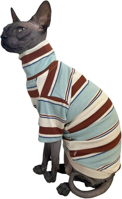 Vintage Stripes Sphynx Hairless Cats Shirt Cotton Cat Turtleneck Pet Clothes Kitten T-Shirts with Sleeves for Sphynx Cornish Rex, Devon Rex, Peterbald (Mint Brown, Large (Pack of 1))