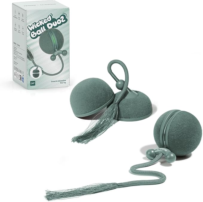 Hoochii 2 in 1 Interactive Cat Toys for Indoor Cats - Wicked Ball Duo2 Automatic Cat Toy, Rolling Ball & Spinning Top, Electric Cat Toy Balls with Chirping Sounds & Speedy Tail, Moving Kitten Toys