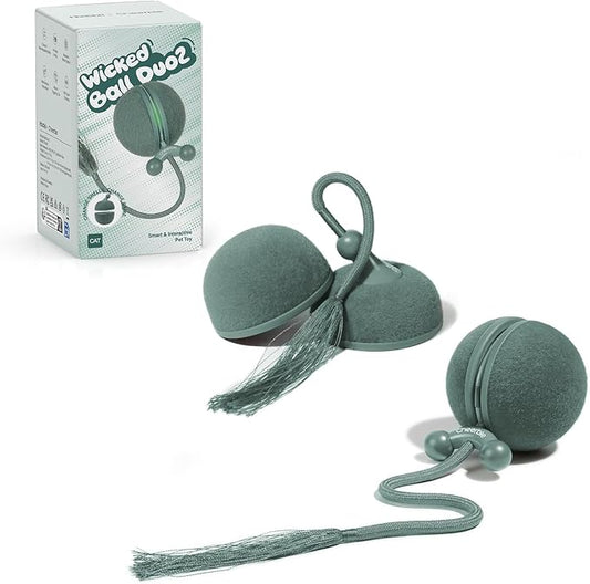 Hoochii 2 in 1 Interactive Cat Toys for Indoor Cats - Wicked Ball Duo2 Automatic Cat Toy, Rolling Ball & Spinning Top, Electric Cat Toy Balls with Chirping Sounds & Speedy Tail, Moving Kitten Toys