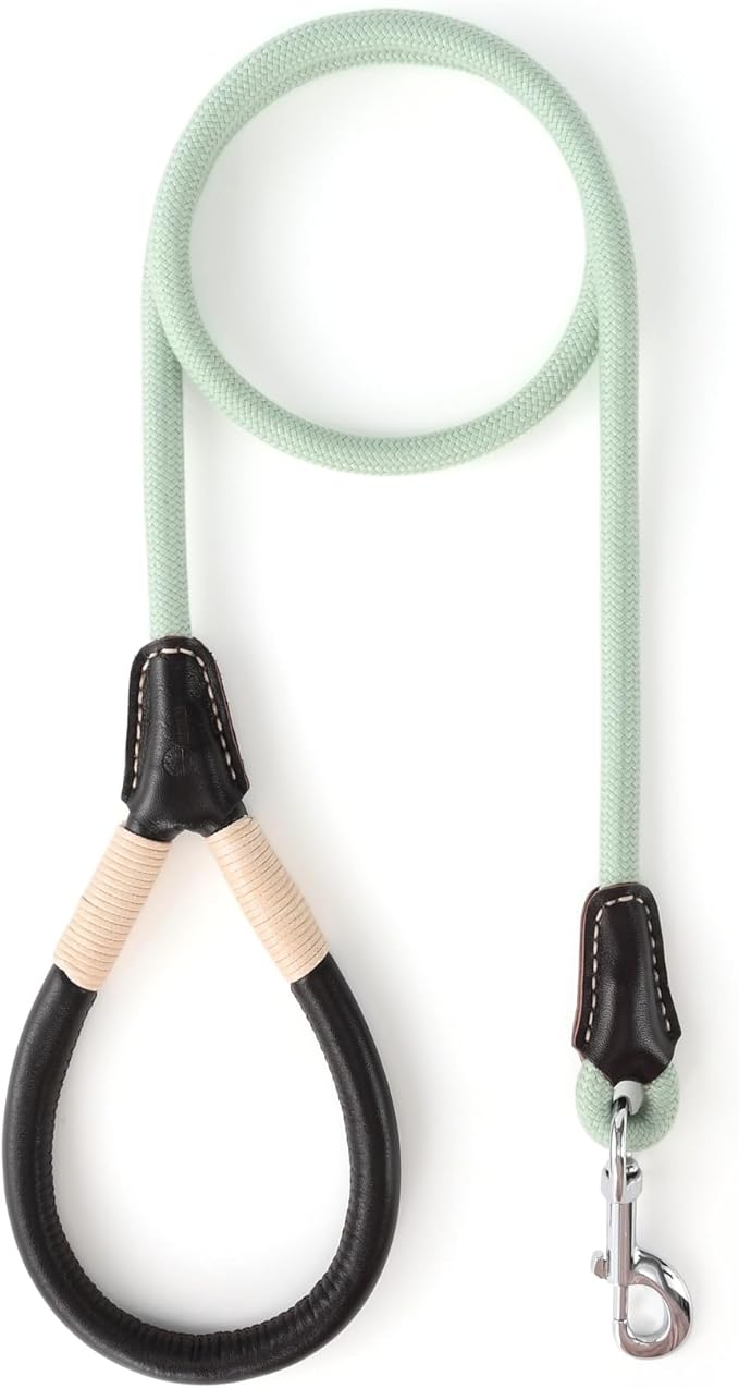 Mile High Life Genuine Leather Wrapped Handle Dog Leash, w Heavy Duty Clasp Rope Leash for Small Medium Large Dogs (Green, 4FT)