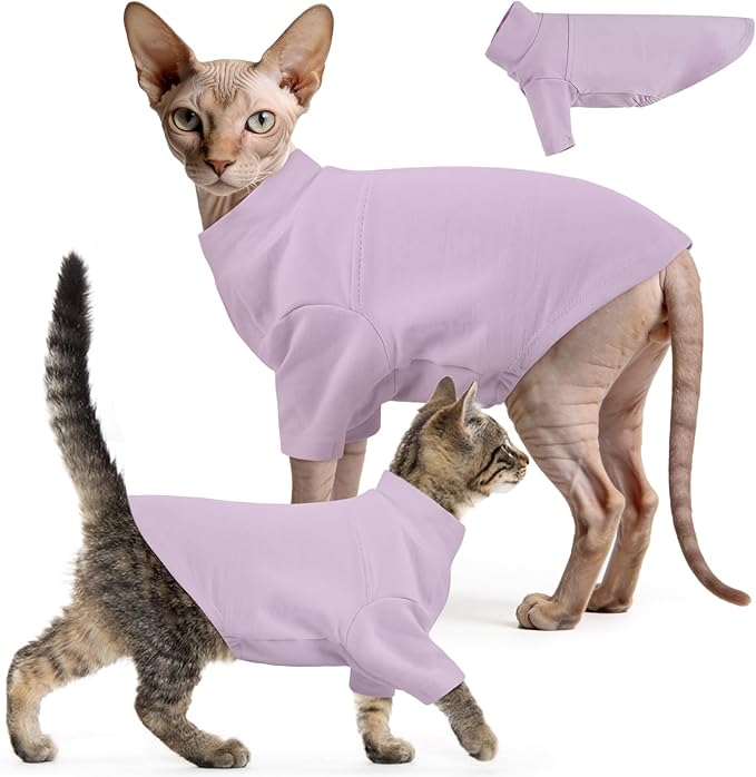 OUOBOB Sphynx Hairless Cat Clothes, Soft Cotton Pullover Turtleneck Shirt with Sleeves for Kitten Puppy Small Dogs, Cat Pajamas for All-Season - Purple XL