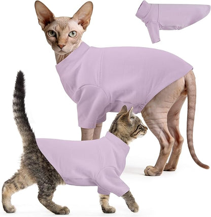 OUOBOB Sphynx Hairless Cat Clothes, Soft Cotton Pullover Turtleneck Shirt with Sleeves for Kitten Puppy Small Dogs, Cat Pajamas for All-Season - Purple XL