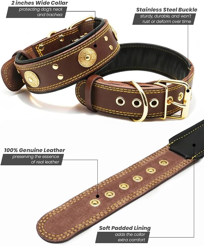Leather Dog Collar, 2 inches Wide Heavy Duty Genuine Leather Collars, Handmade, Soft, and Luxury, Eye-catching Best Choice for Large and Medium Breed Dogs Brown-Gold, 21-25 inches
