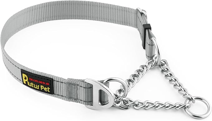 Plutus Pet Martingale Dog Collar with Stainless Steel Chain and Reflective Nylon, Adjustable No Pull Training Collar, for Small Medium, and Large Dogs, Gray, M