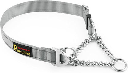 Plutus Pet Martingale Dog Collar with Stainless Steel Chain and Reflective Nylon, Adjustable No Pull Training Collar, for Small Medium, and Large Dogs, Gray, L